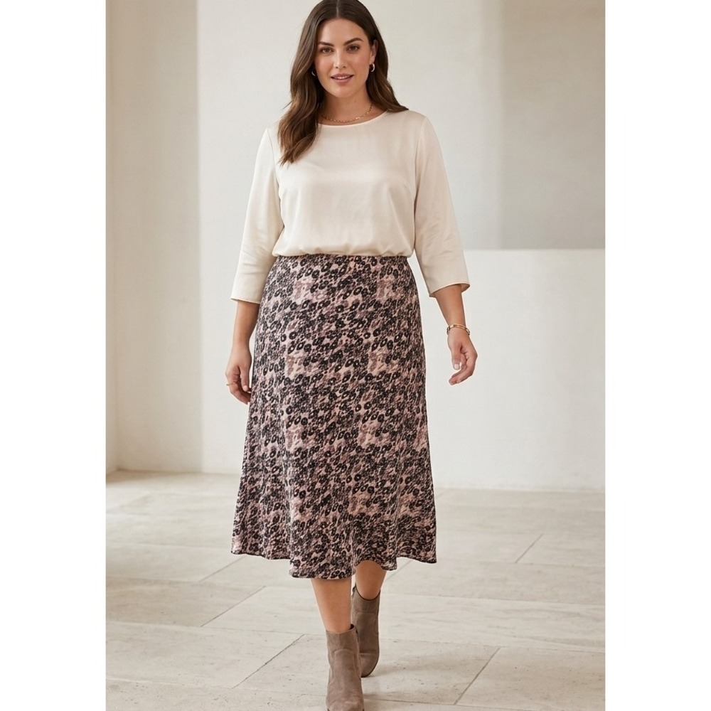 Sanctuary LP Leopard Print Flowy Midi Skirt Elastic Waist Office Career Chic